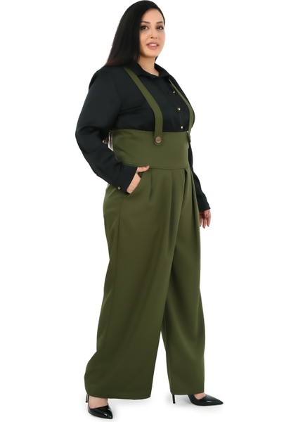 Büyük Beden Önü Pileli Cepli Askılı Düğme Detaylı Bol Paça Haki Pantolon indirimleri