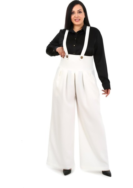 Büyük Beden Önü Pileli Cepli Askılı Düğme Detaylı Bol Paça Beyaz Pantolon