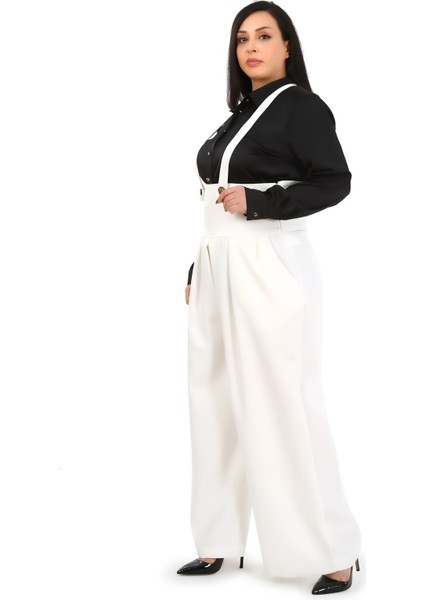 Büyük Beden Önü Pileli Cepli Askılı Düğme Detaylı Bol Paça Beyaz Pantolon fiyatları
