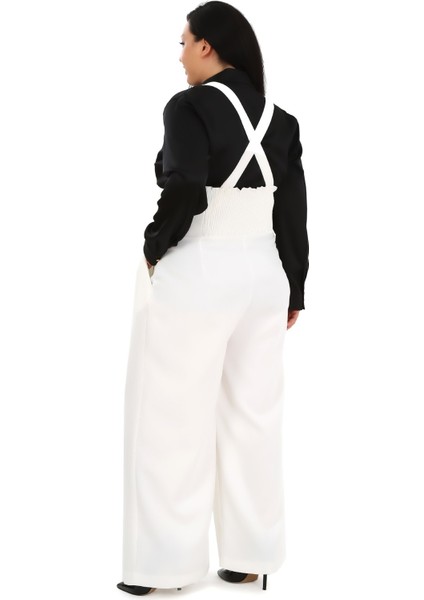 Büyük Beden Önü Pileli Cepli Askılı Düğme Detaylı Bol Paça Beyaz Pantolon modelleri