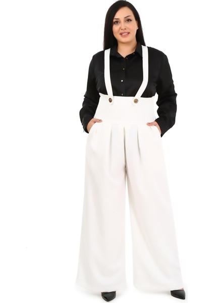 Büyük Beden Önü Pileli Cepli Askılı Düğme Detaylı Bol Paça Beyaz Pantolon indirimleri