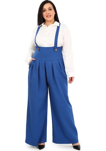 Büyük Beden Önü Pileli Cepli Askılı Düğme Detaylı Bol Paça Indigo Pantolon