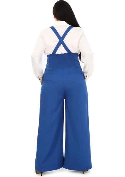 Büyük Beden Önü Pileli Cepli Askılı Düğme Detaylı Bol Paça Indigo Pantolon modelleri