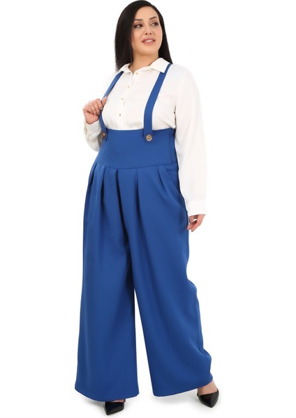 Büyük Beden Önü Pileli Cepli Askılı Düğme Detaylı Bol Paça Indigo Pantolon indirimleri