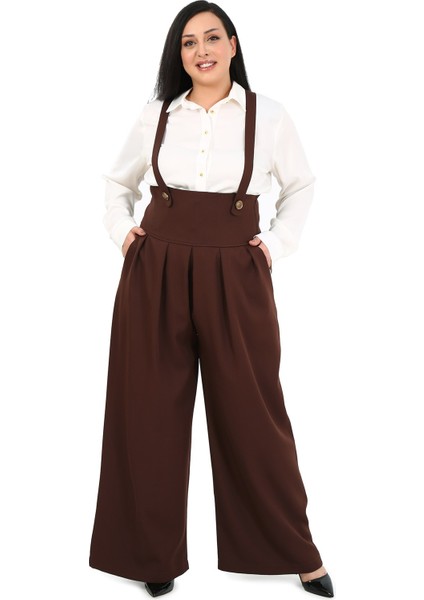 Büyük Beden Önü Pileli Cepli Askılı Düğme Detaylı Bol Paça Kahverengi Pantolon