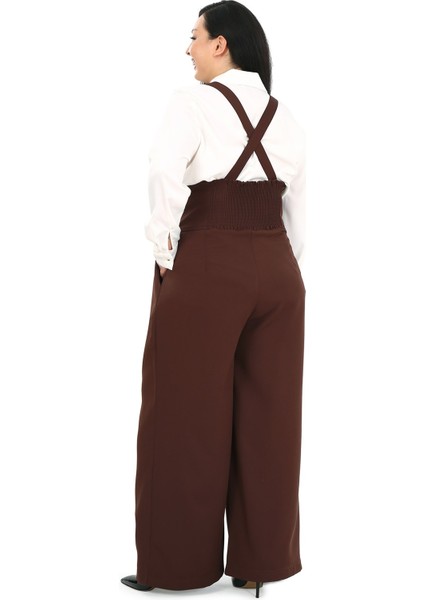 Büyük Beden Önü Pileli Cepli Askılı Düğme Detaylı Bol Paça Kahverengi Pantolon modelleri