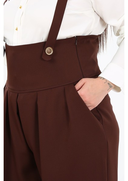 Büyük Beden Önü Pileli Cepli Askılı Düğme Detaylı Bol Paça Kahverengi Pantolon fırsatları