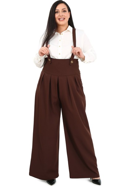 Büyük Beden Önü Pileli Cepli Askılı Düğme Detaylı Bol Paça Kahverengi Pantolon indirimleri
