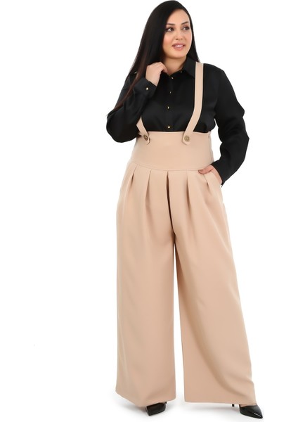 Büyük Beden Önü Pileli Cepli Askılı Düğme Detaylı Bol Paça Bej Pantolon fiyatları