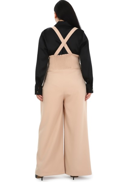 Büyük Beden Önü Pileli Cepli Askılı Düğme Detaylı Bol Paça Bej Pantolon modelleri