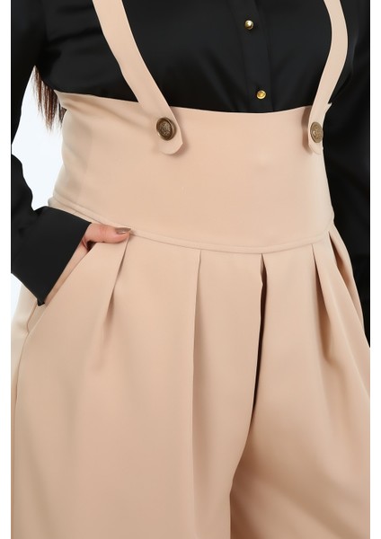 Büyük Beden Önü Pileli Cepli Askılı Düğme Detaylı Bol Paça Bej Pantolon fırsatları