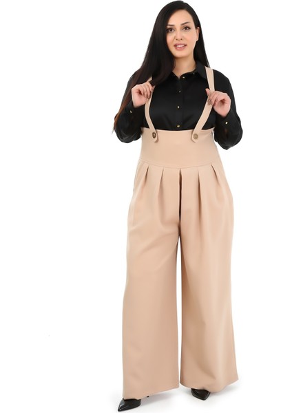 Büyük Beden Önü Pileli Cepli Askılı Düğme Detaylı Bol Paça Bej Pantolon indirimleri