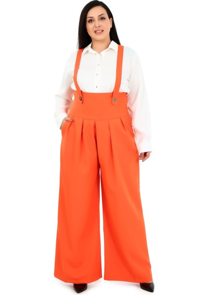 Büyük Beden Önü Pileli Cepli Askılı Düğme Detaylı Bol Paça Turuncu Pantolon