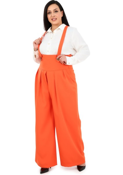 Büyük Beden Önü Pileli Cepli Askılı Düğme Detaylı Bol Paça Turuncu Pantolon fiyatları