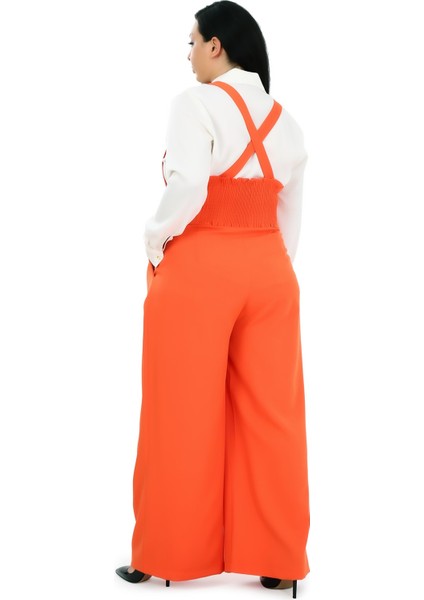 Büyük Beden Önü Pileli Cepli Askılı Düğme Detaylı Bol Paça Turuncu Pantolon modelleri