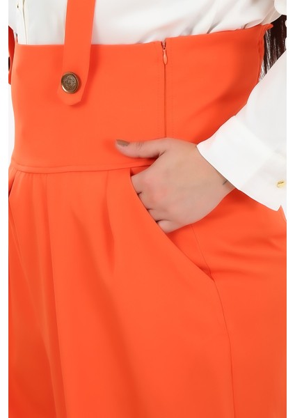 Büyük Beden Önü Pileli Cepli Askılı Düğme Detaylı Bol Paça Turuncu Pantolon fırsatları