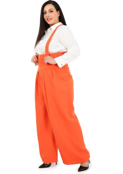 Büyük Beden Önü Pileli Cepli Askılı Düğme Detaylı Bol Paça Turuncu Pantolon indirimleri