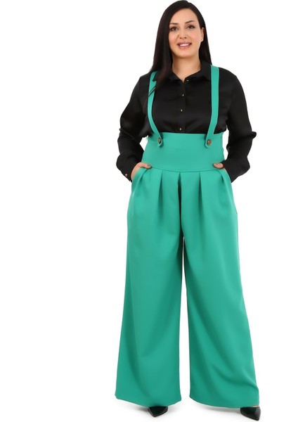 Büyük Beden Önü Pileli Cepli Askılı Düğme Detaylı Bol Paça Yeşil Pantolon