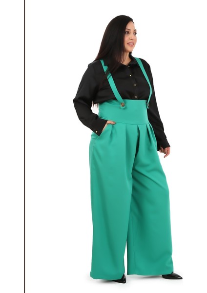 Büyük Beden Önü Pileli Cepli Askılı Düğme Detaylı Bol Paça Yeşil Pantolon fiyatları