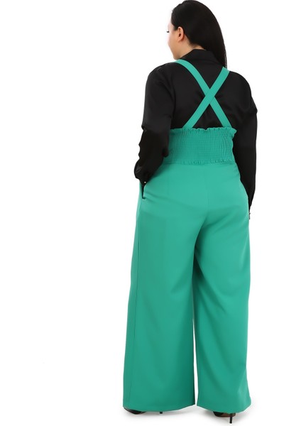 Büyük Beden Önü Pileli Cepli Askılı Düğme Detaylı Bol Paça Yeşil Pantolon modelleri