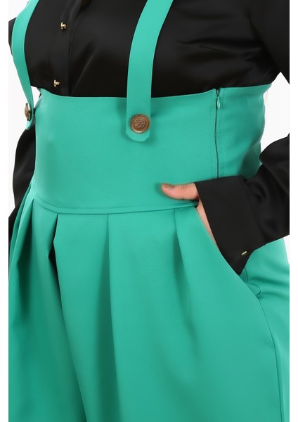 Büyük Beden Önü Pileli Cepli Askılı Düğme Detaylı Bol Paça Yeşil Pantolon fırsatları
