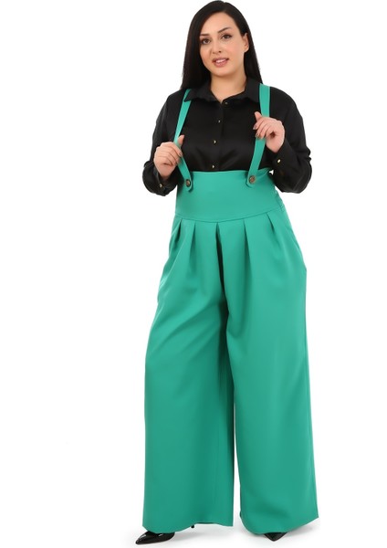 Büyük Beden Önü Pileli Cepli Askılı Düğme Detaylı Bol Paça Yeşil Pantolon indirimleri