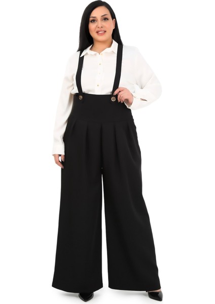 Büyük Beden Önü Pileli Cepli Askılı Düğme Detaylı Bol Paça Siyah Pantolon