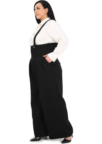 Büyük Beden Önü Pileli Cepli Askılı Düğme Detaylı Bol Paça Siyah Pantolon fiyatları