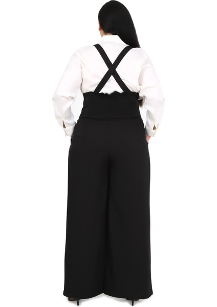 Büyük Beden Önü Pileli Cepli Askılı Düğme Detaylı Bol Paça Siyah Pantolon modelleri