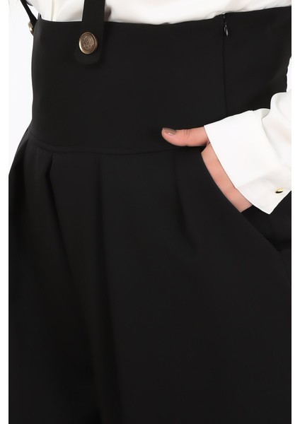 Büyük Beden Önü Pileli Cepli Askılı Düğme Detaylı Bol Paça Siyah Pantolon fırsatları