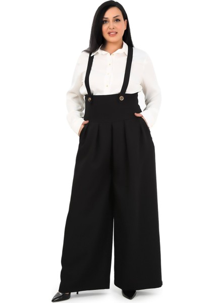 Büyük Beden Önü Pileli Cepli Askılı Düğme Detaylı Bol Paça Siyah Pantolon indirimleri