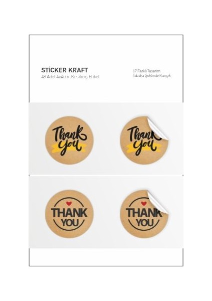 48 Adet Thank You-Hand Made With Love Etiket, 17 Farklı Tasarım Kraft Sticker 4cm