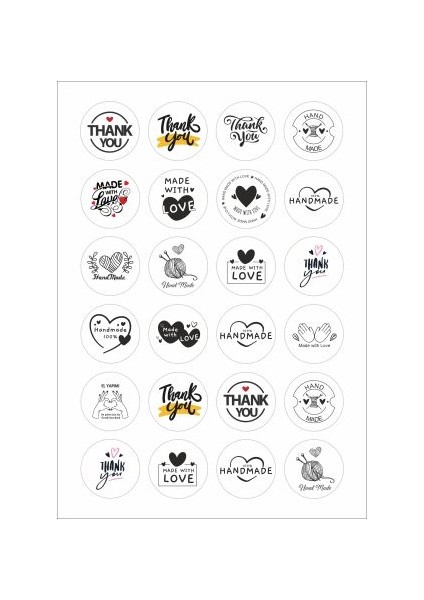 48 Adet Thank You-Hand Made With Love Etiket, 17 Farklı Tasarım Kraft Sticker 4cm