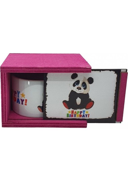 Panda Happy Birthday Doğum Günü Konsept Ahşap Kutulu Kupa Bardak