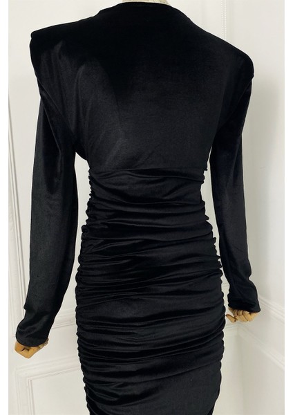 G0426 Drape ve Vatka Detaylı Kadife Elbise Siyah
