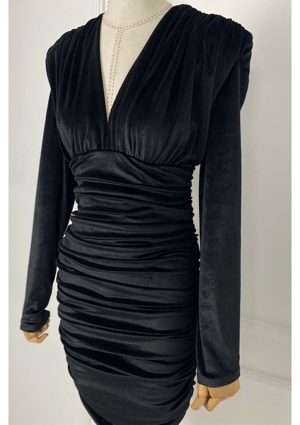 G0426 Drape ve Vatka Detaylı Kadife Elbise Siyah
