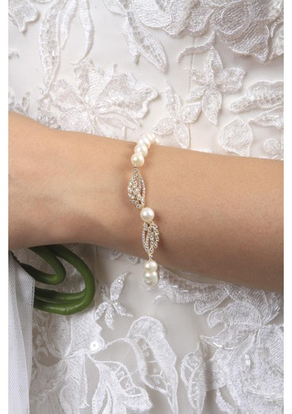 14 Ayar Altın Kadın Yaprak Detay Taşlı Inci Bileklik