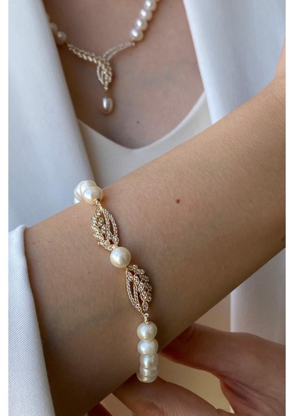 14 Ayar Altın Kadın Yaprak Detay Taşlı Inci Bileklik indirimleri