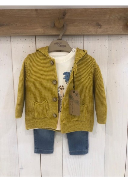 Kapüşonlu Triko Hırkalı Penye Badili Kot Pantolonlu 3'lü Erkek Bebek Takım