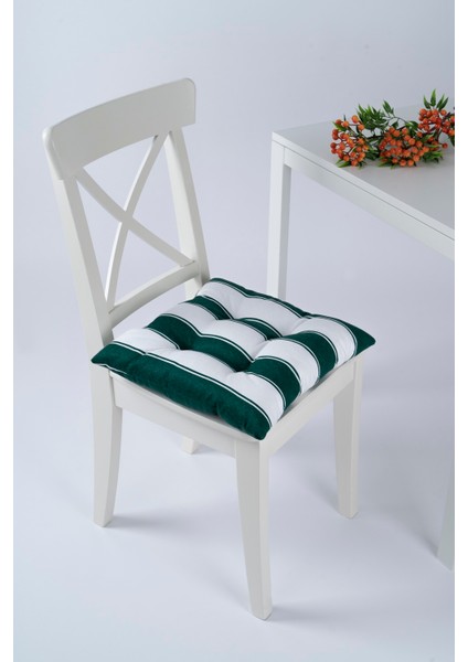 Beta Yeşil Beyaz Pofidik Sandalye Minderi Bağcıklı 40x40cm