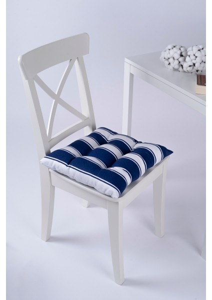 Beta Mavi Beyaz Pofidik Sandalye Minderi Bağcıklı 40x40cm