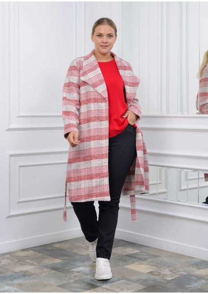 Kadın Ekose Desenli Kemerli Kaban