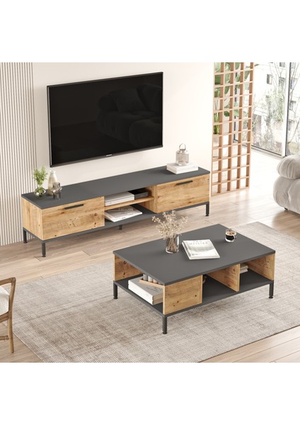 Royal Tv Ünitesi 2'li Set Orta Sehpa Metal Ayaklı Çam Rl5-Aa