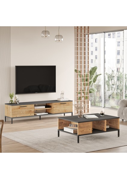 Royal Tv Ünitesi 2'li Set Orta Sehpa Metal Ayaklı Çam Rl5-Aa