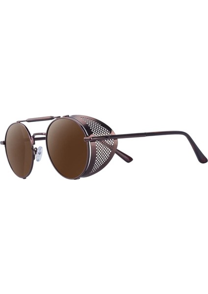 Retro Yuvarlak Steampunk Güneş Gözlüğü Çemberi Vintage Gotik'i Blokitör Erkekler Koyu Kahverengi Lens