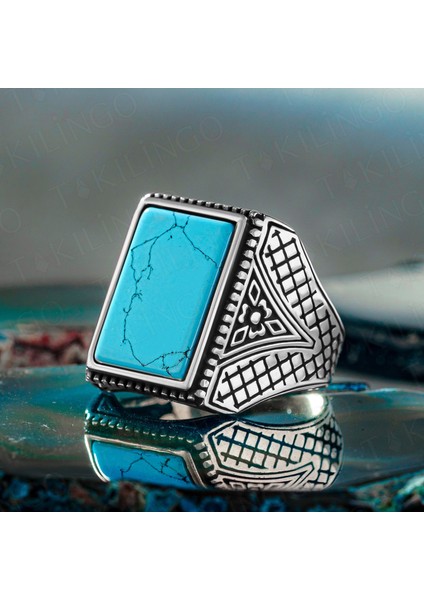 925 Ayar Gümüş Sade Turkuz Firüze Taşlı Erkek Yüzük