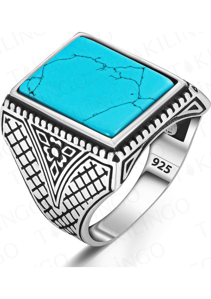 925 Ayar Gümüş Sade Turkuz Firüze Taşlı Erkek Yüzük fiyatları
