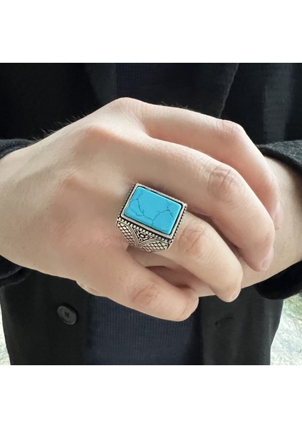 925 Ayar Gümüş Sade Turkuz Firüze Taşlı Erkek Yüzük modelleri