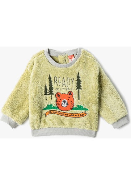 Peluş Sweatshirt Ayıcık Aplike Detaylı İşlemeli Uzun Kollu