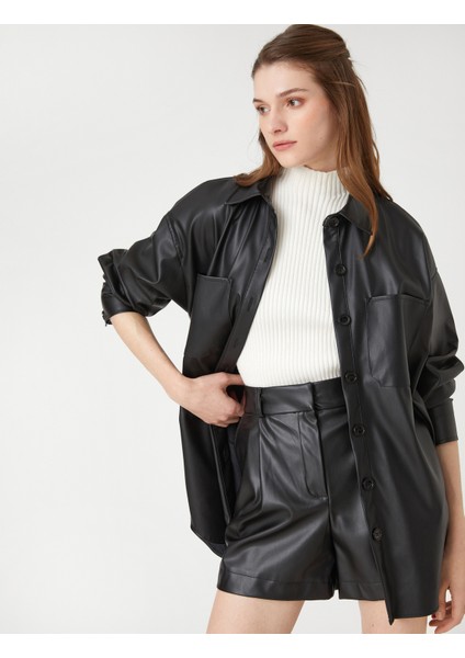 Deri Görünümlü Gömlek Ceket Cepli Düğmeli